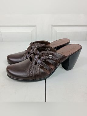 Clark Mules 9 Womens Brown Leather Caged Block Heel Slip On Slides Earthcore